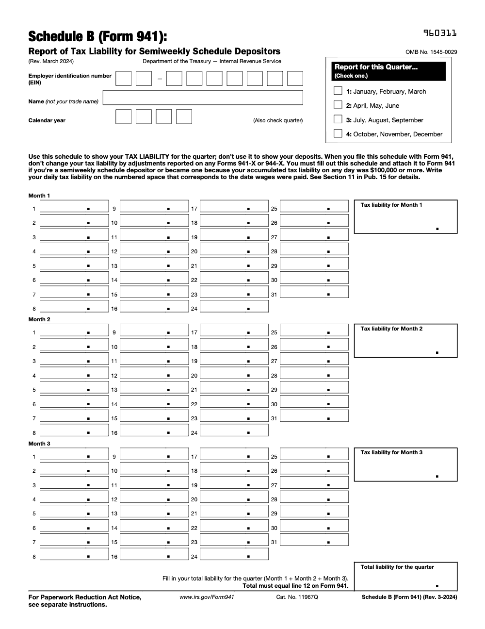 Page 1 of 1 of the official IRS Form 941 Schedule B PDF (Rev. March 2024)