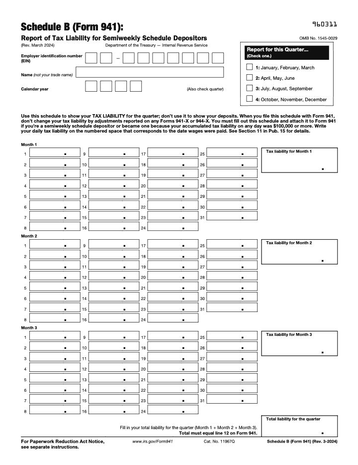 Page 1 of 1 of the official IRS Form 941 Schedule B PDF (Rev. March 2024)
