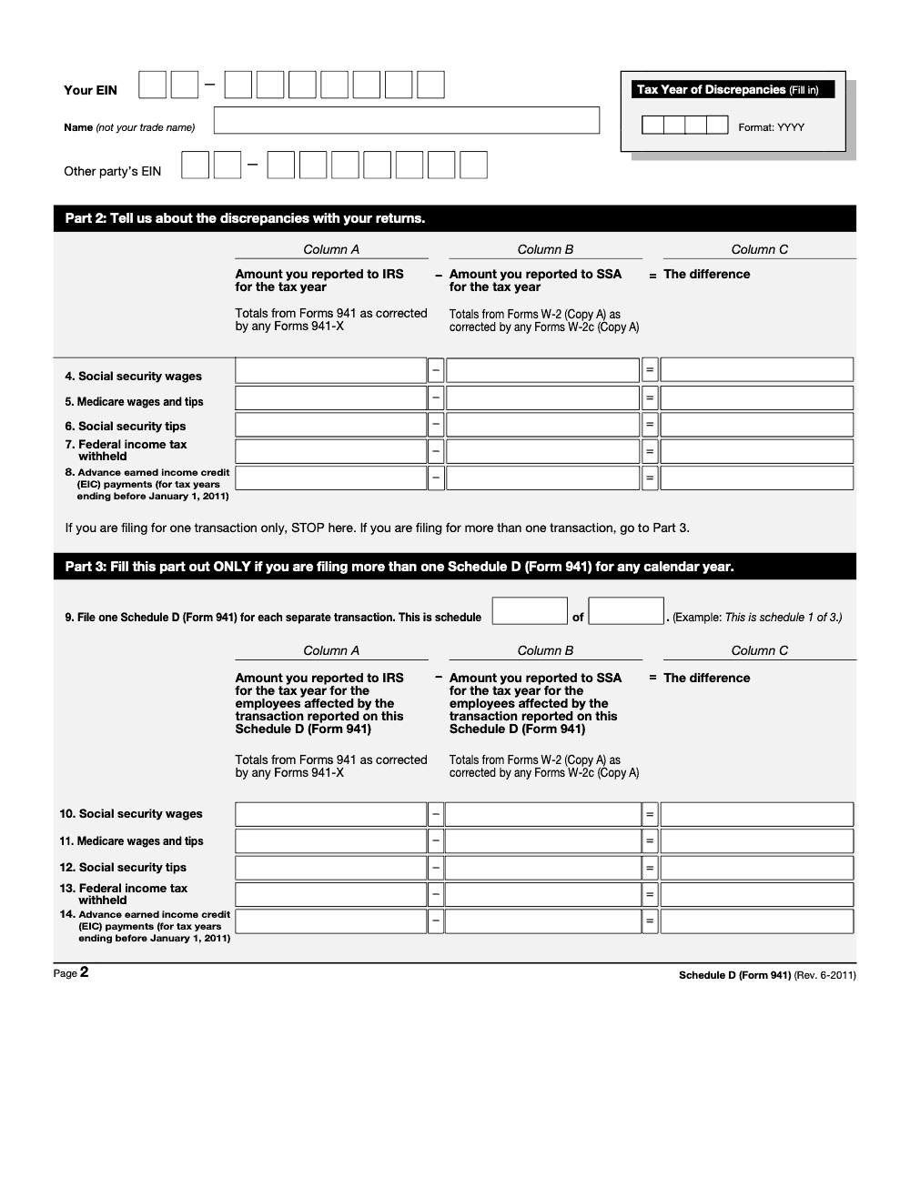 Page 2 of 2 of the official IRS Form 941 Schedule D PDF (Rev. June 2011): Copy A; Parts 2, 3