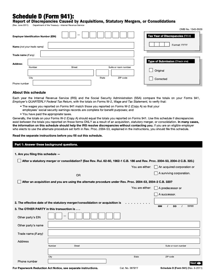 Page 1 of 2 of the official IRS Form 941 Schedule D PDF (Rev. June 2011): Copy A; Part 1