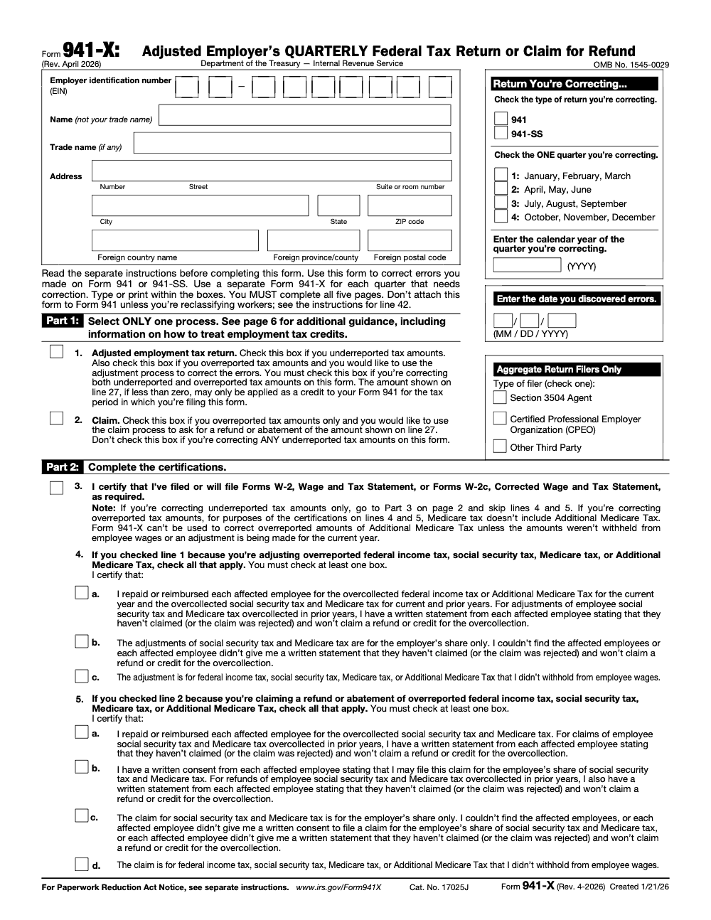 Page 1 of 6 of the official IRS Form 941‑X PDF (Rev. April 2026): Parts 1, 2, 3
