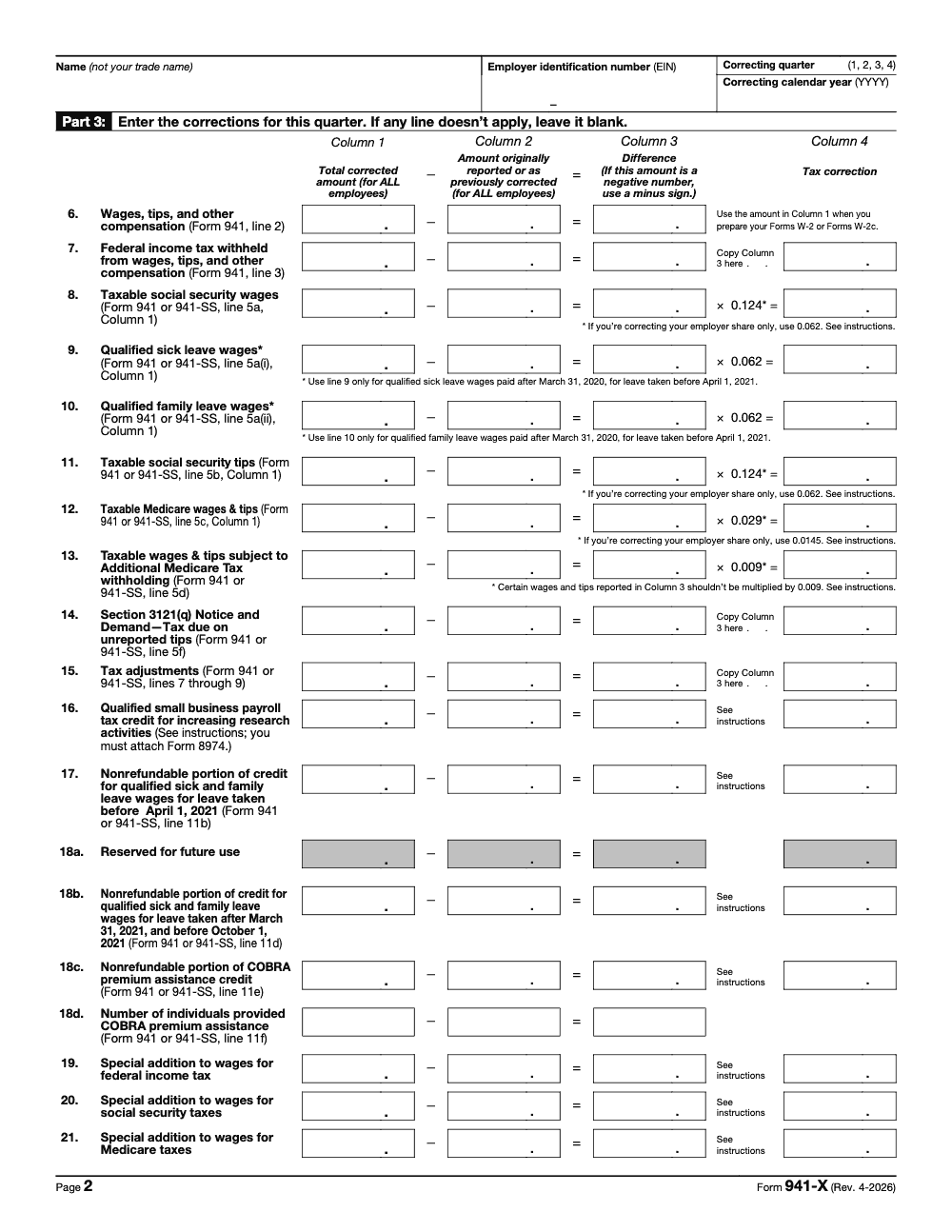 Page 2 of 6 of the official IRS Form 941‑X PDF (Rev. April 2026): Part 3