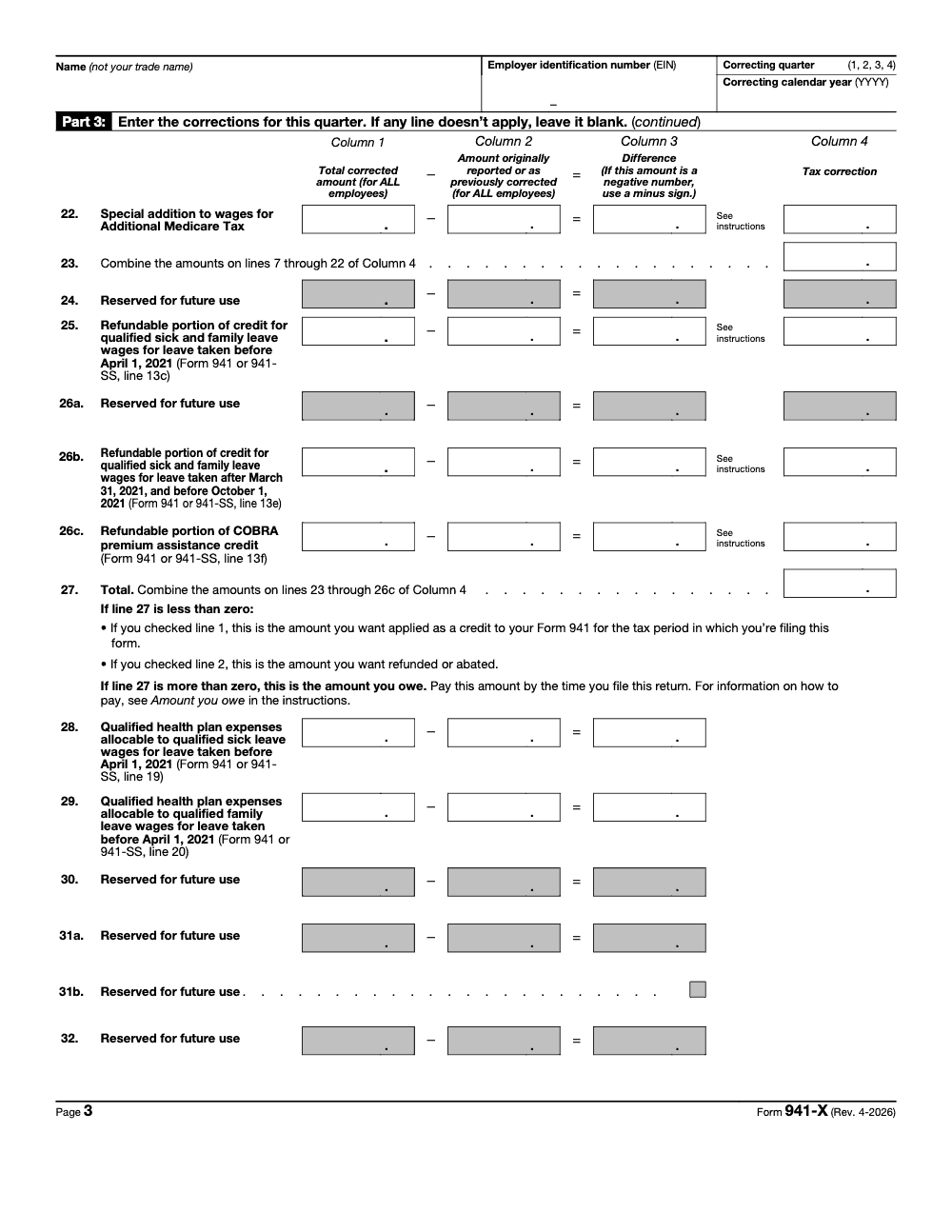 Page 3 of 6 of the official IRS Form 941‑X PDF (Rev. April 2026): Part 3