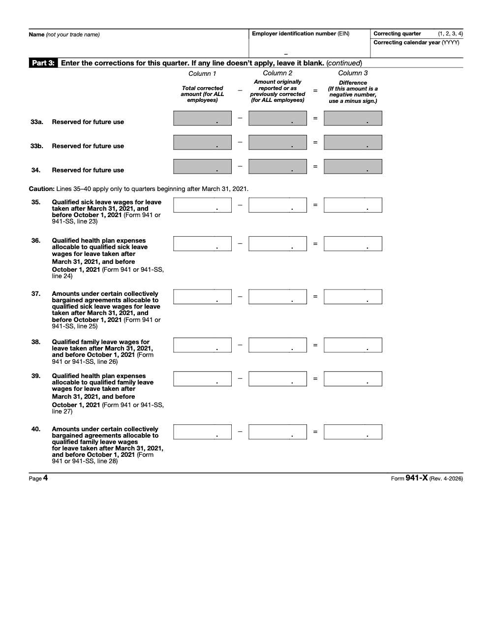 Page 4 of 6 of the official IRS Form 941‑X PDF (Rev. April 2026): Part 3