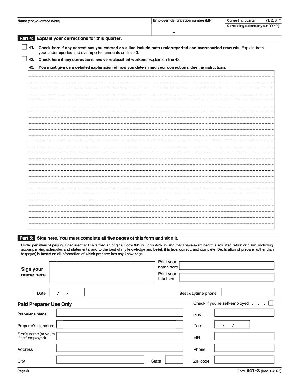 Page 5 of 6 of the official IRS Form 941‑X PDF (Rev. April 2026): Parts 4, 5