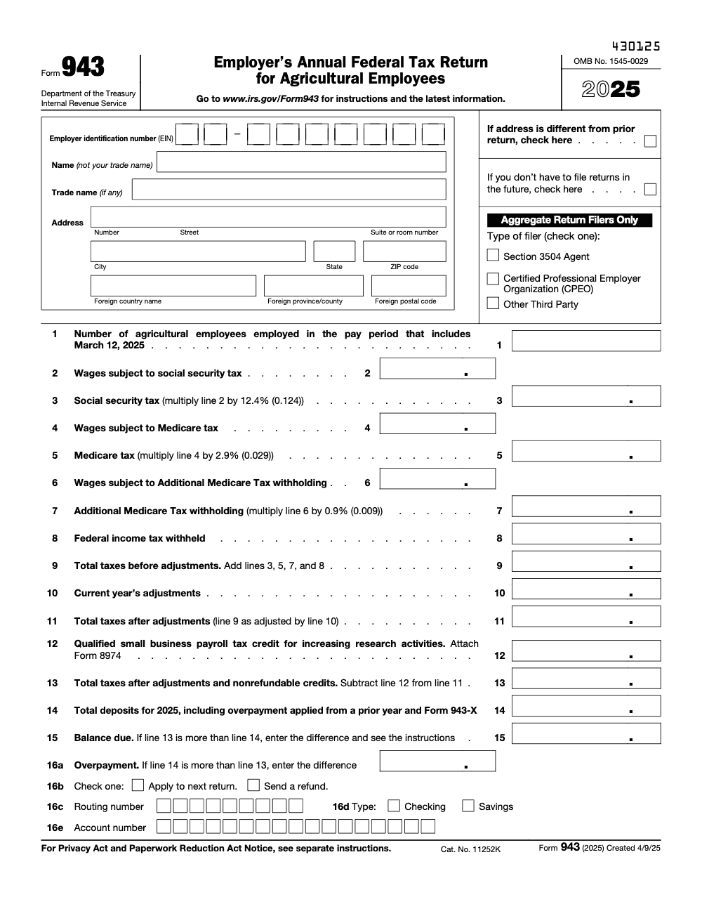 Page 1 of 3 of the official IRS Form 943 PDF (2025 edition)