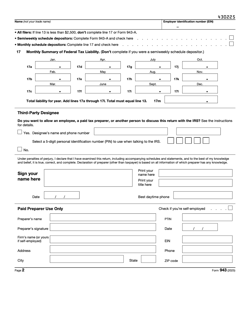Page 2 of 3 of the official IRS Form 943 PDF (2025 edition)
