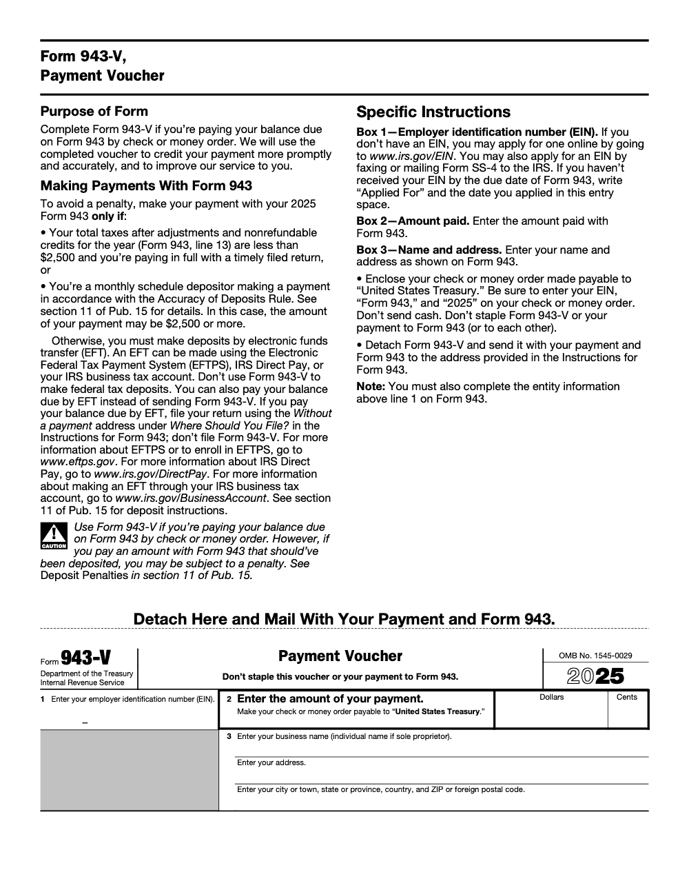 Page 3 of 3 of the official IRS Form 943 PDF (2025 edition): payment voucher; instructions