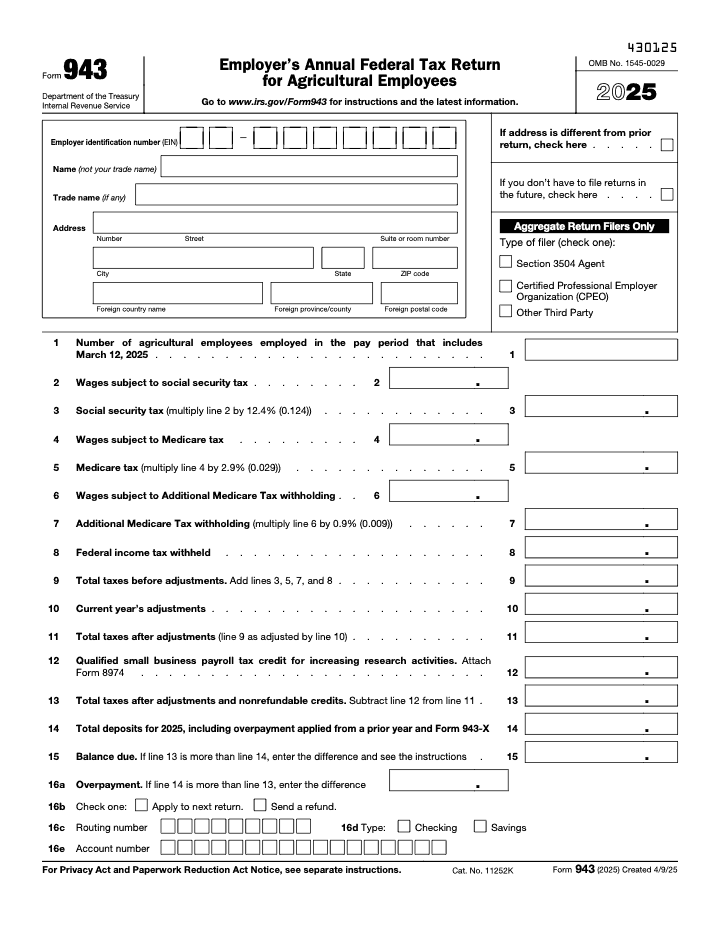 Page 1 of 3 of the official IRS Form 943 PDF (2025 edition)