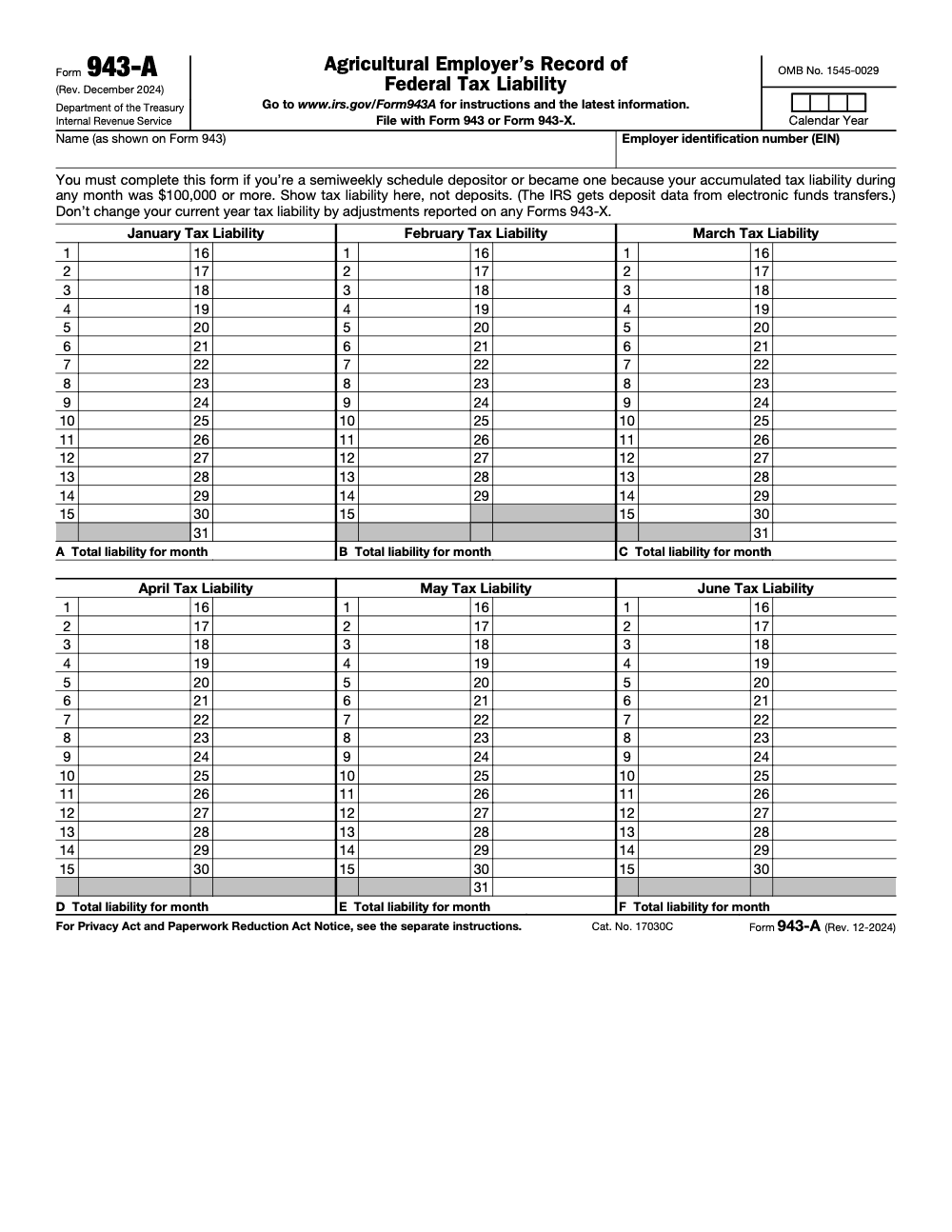 Page 1 of 2 of the official IRS Form 943-A PDF (Rev. December 2024)