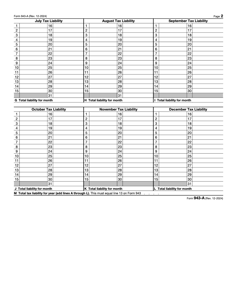 Page 2 of 2 of the official IRS Form 943-A PDF (Rev. December 2024)