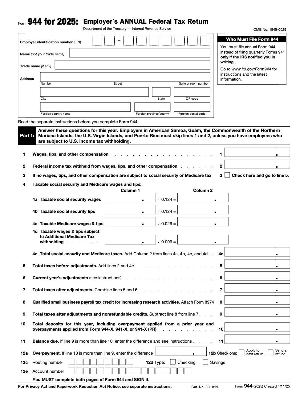 Page 1 of 3 of the official IRS Form 944 PDF (2025 edition): Part 1