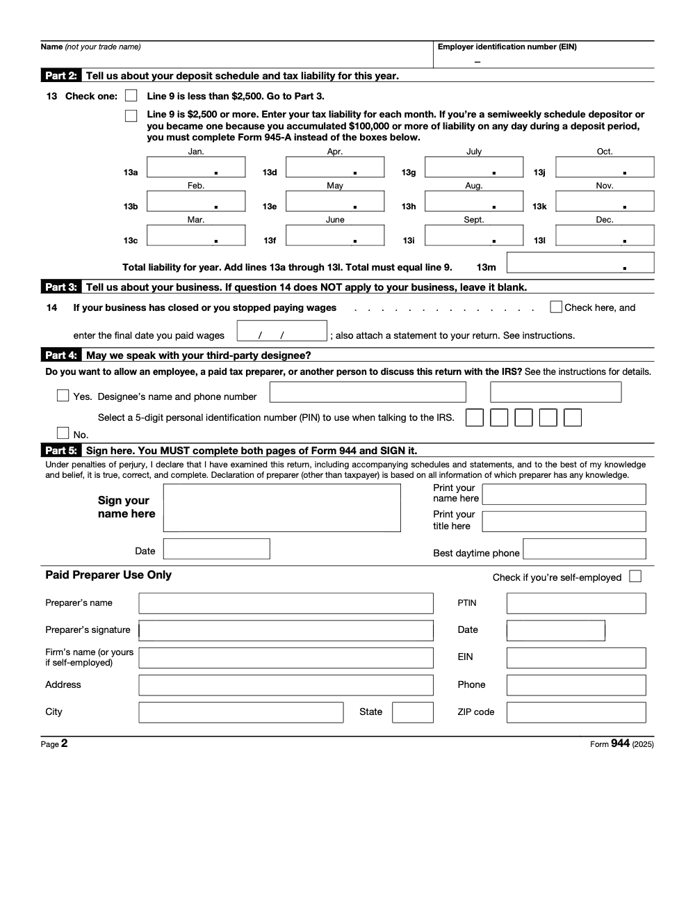Page 2 of 3 of the official IRS Form 944 PDF (2025 edition): Parts 2, 3, 4, 5