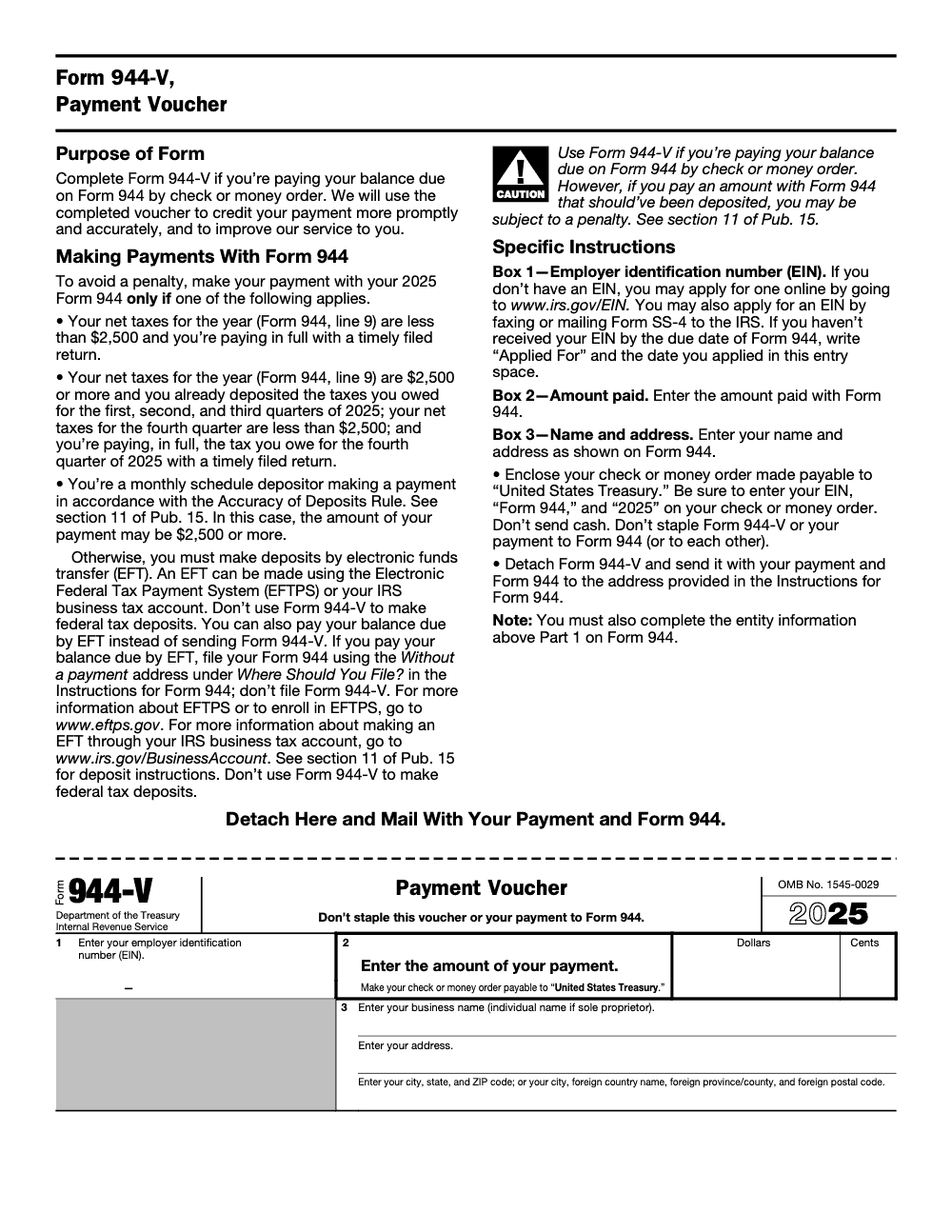 Page 3 of 3 of the official IRS Form 944 PDF (2025 edition): payment voucher; instructions