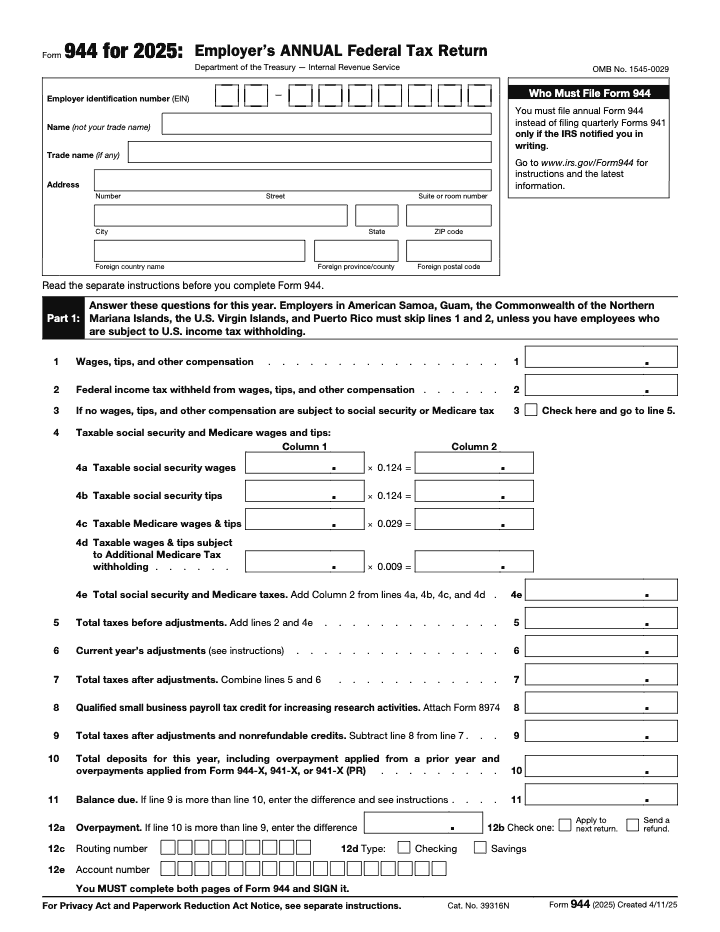 Page 1 of 3 of the official IRS Form 944 PDF (2025 edition): Part 1