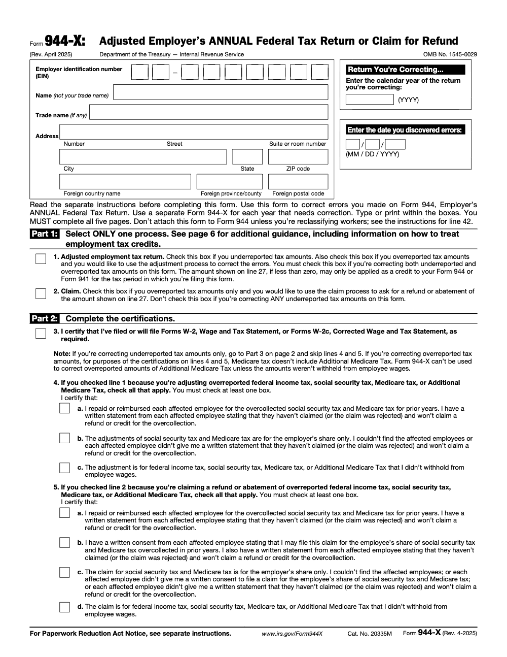 Page 1 of 6 of the official IRS Form 944-X PDF (Rev. April 2025): Parts 1, 2, 3