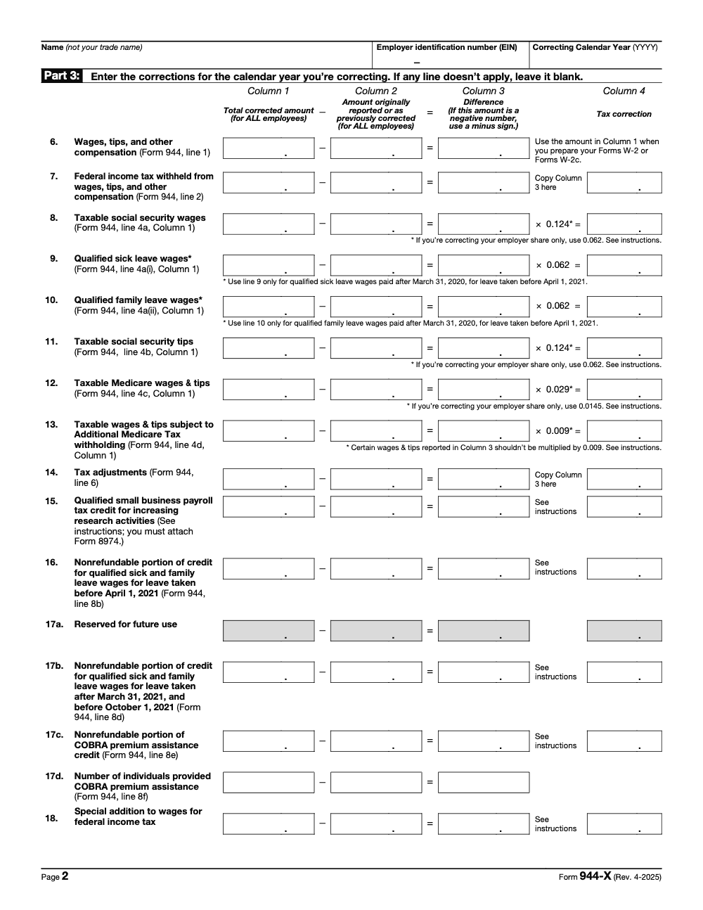Page 2 of 6 of the official IRS Form 944-X PDF (Rev. April 2025): Part 3