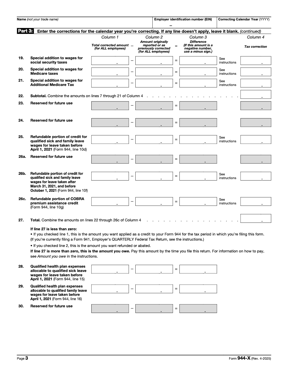 Page 3 of 6 of the official IRS Form 944-X PDF (Rev. April 2025): Part 3