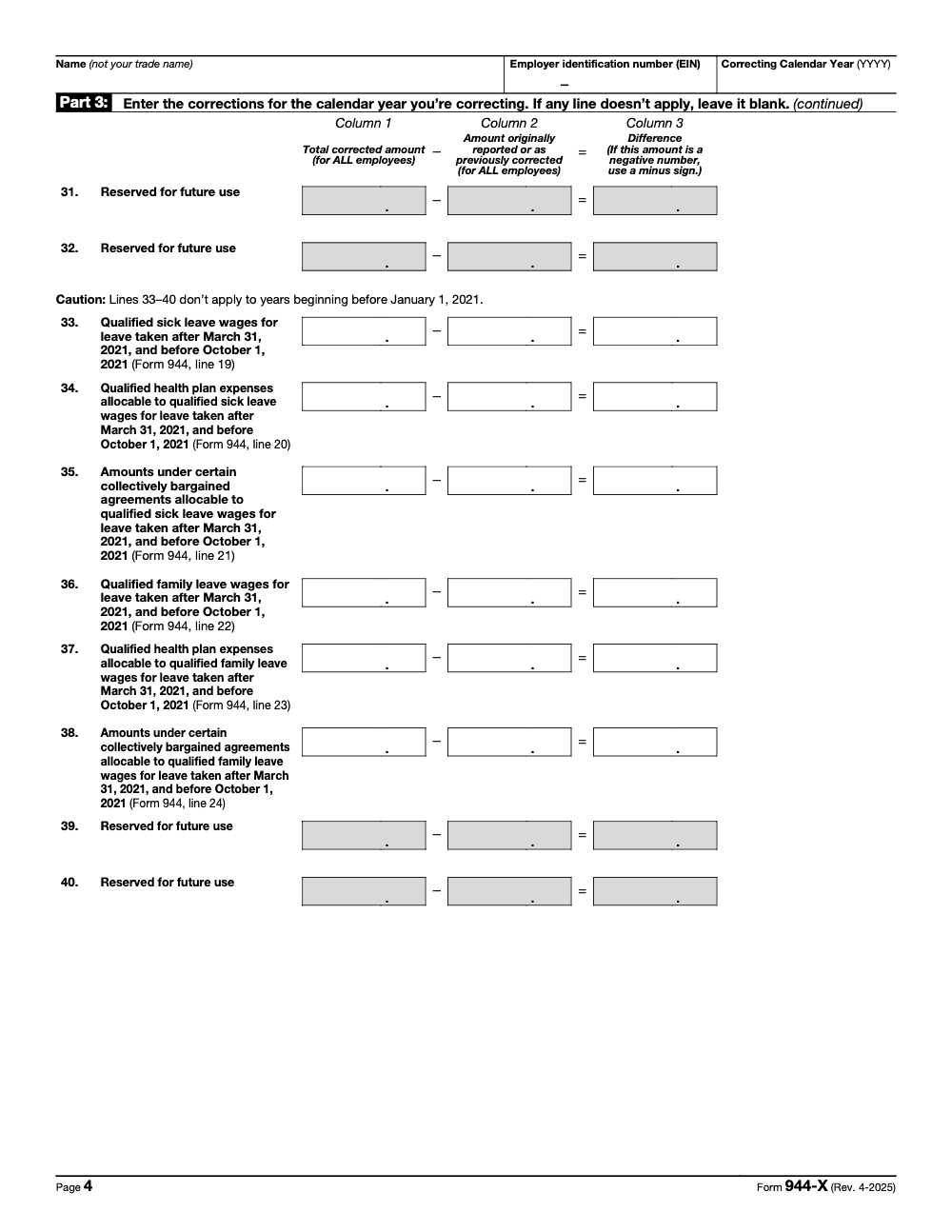 Page 4 of 6 of the official IRS Form 944-X PDF (Rev. April 2025): Part 3