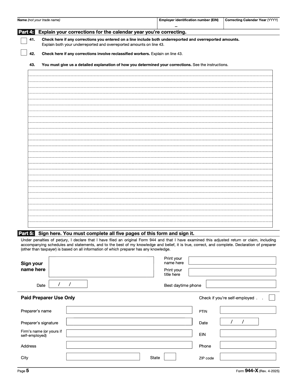 Page 5 of 6 of the official IRS Form 944-X PDF (Rev. April 2025): Parts 4, 5