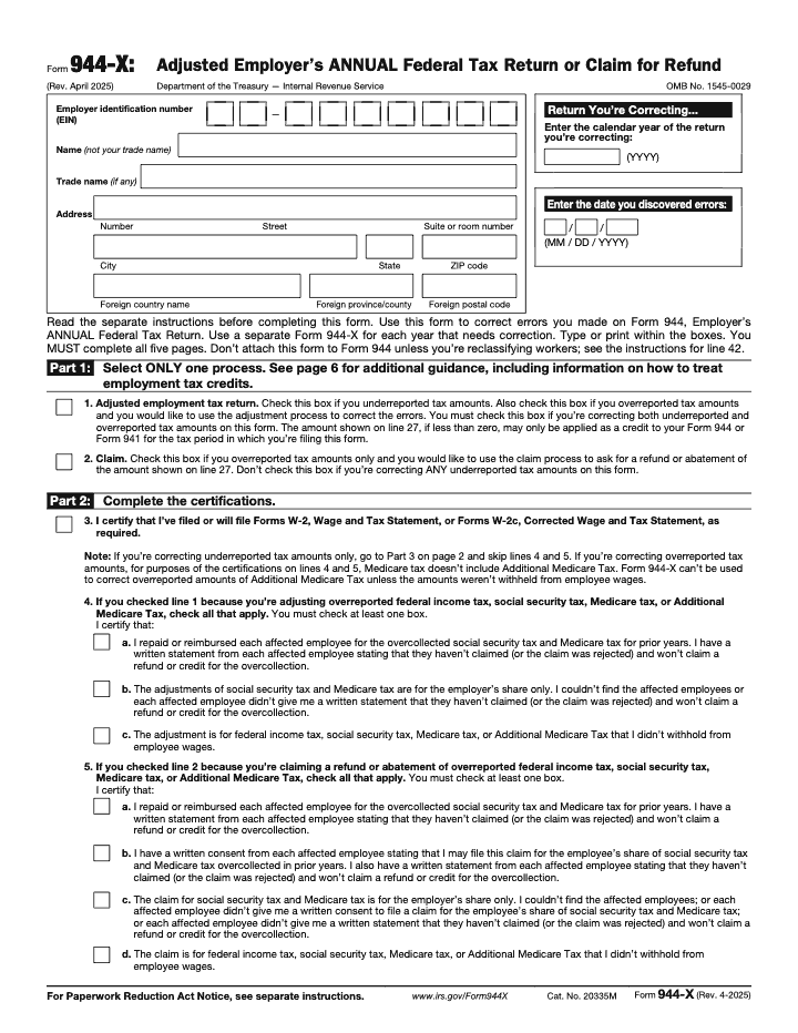 Page 1 of 6 of the official IRS Form 944-X PDF (Rev. April 2025): Parts 1, 2, 3