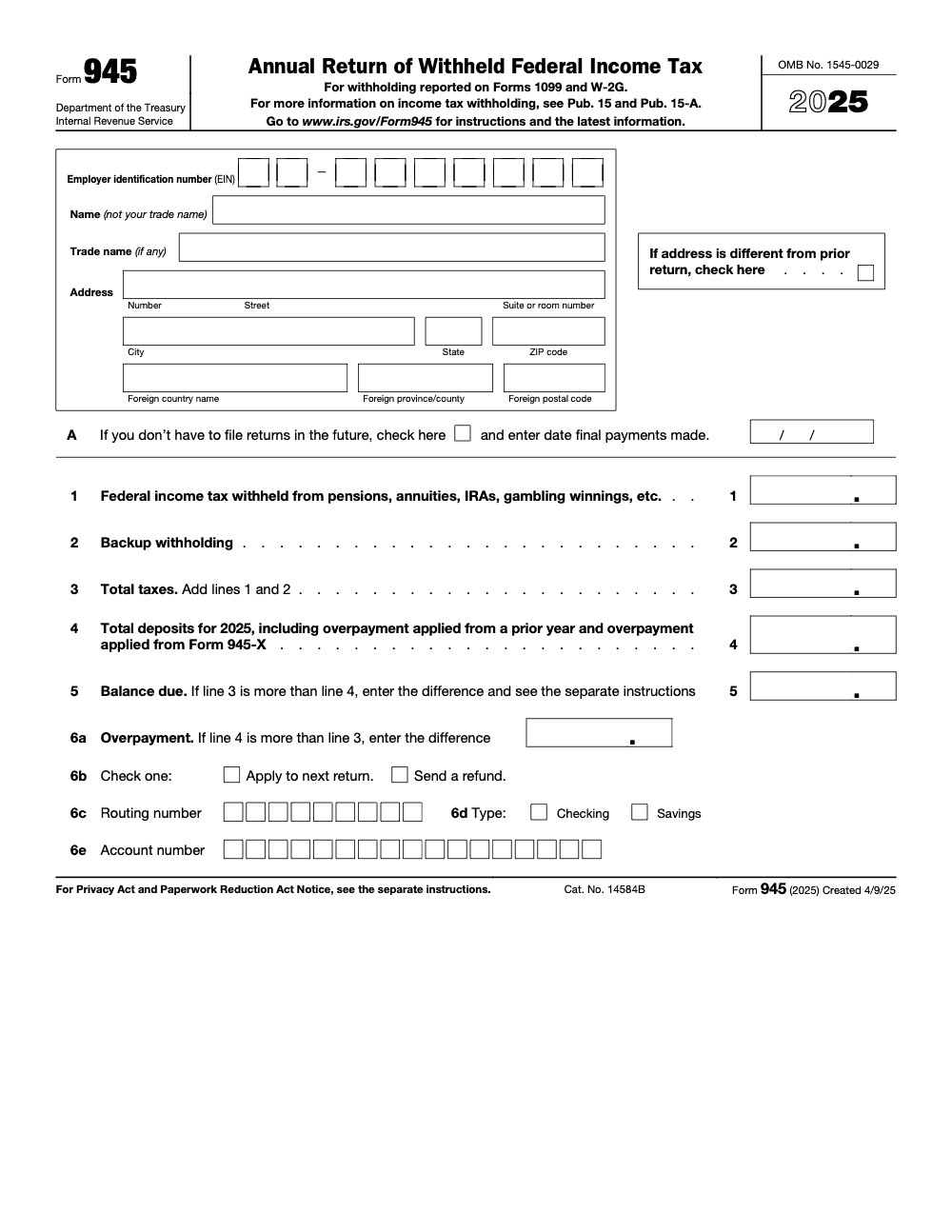 Page 1 of 3 of the official IRS Form 945 PDF (2025 edition)