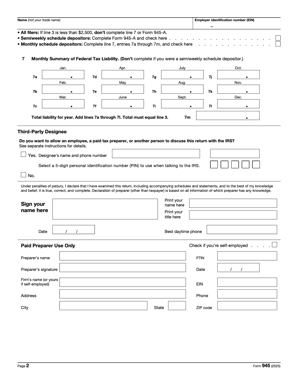 Page 2 of 3 of the official IRS Form 945 PDF (2025 edition)
