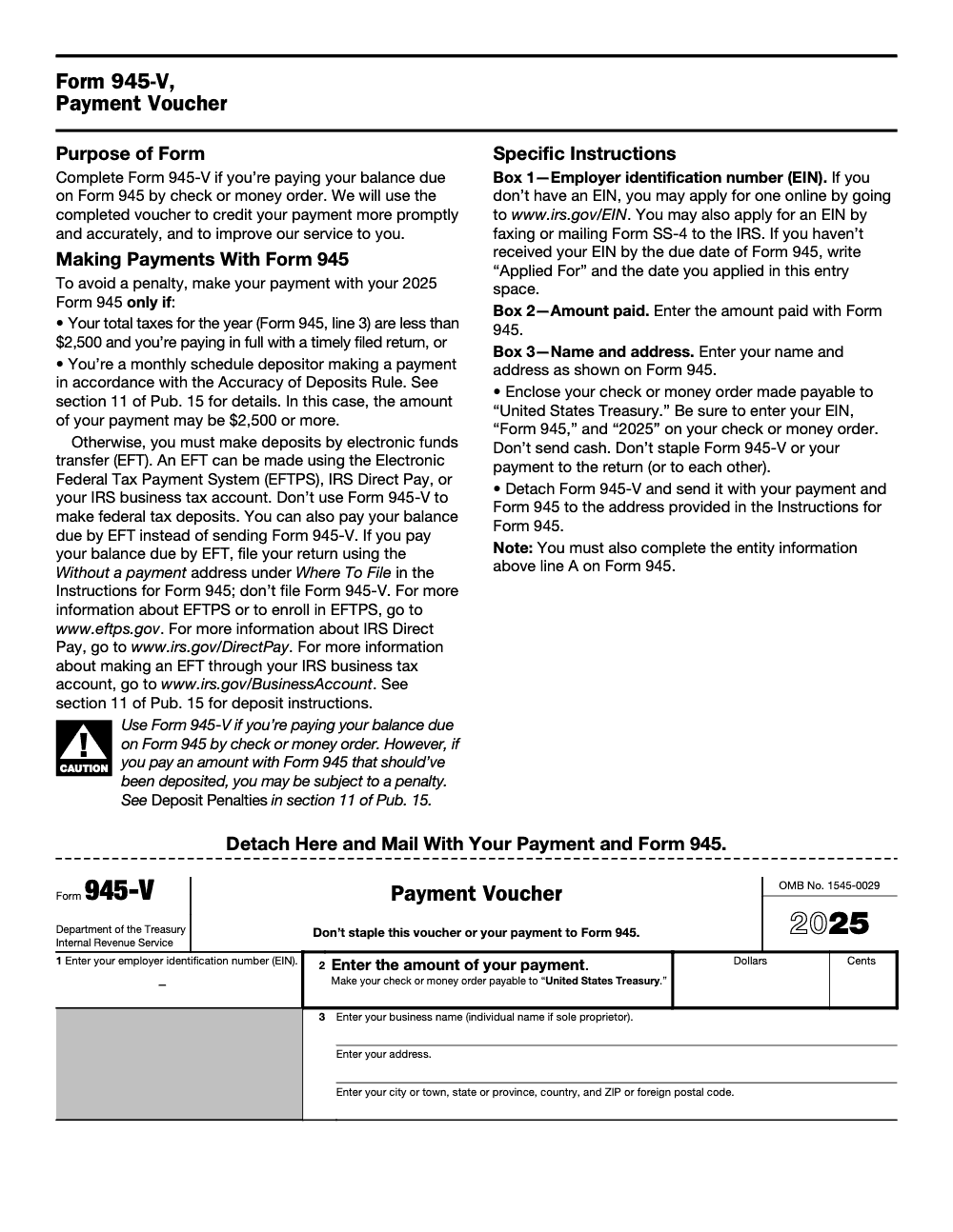 Page 3 of 3 of the official IRS Form 945 PDF (2025 edition): payment voucher; instructions