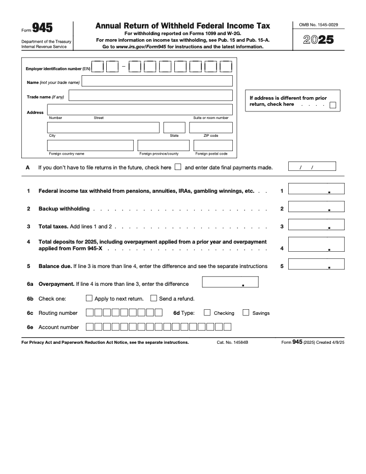 Page 1 of 3 of the official IRS Form 945 PDF (2025 edition)