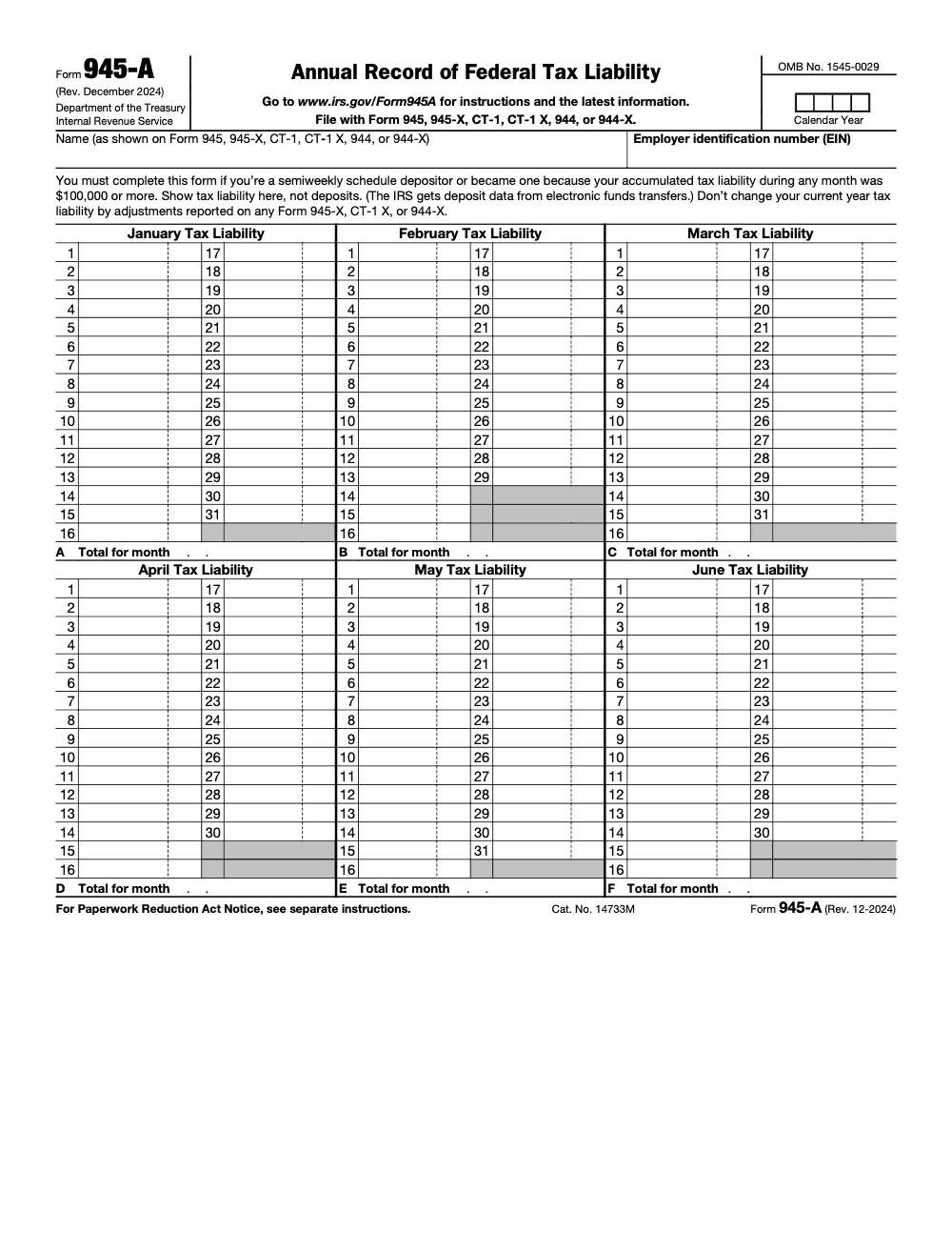 Page 1 of 2 of the official IRS Form 945-A PDF (Rev. December 2024)