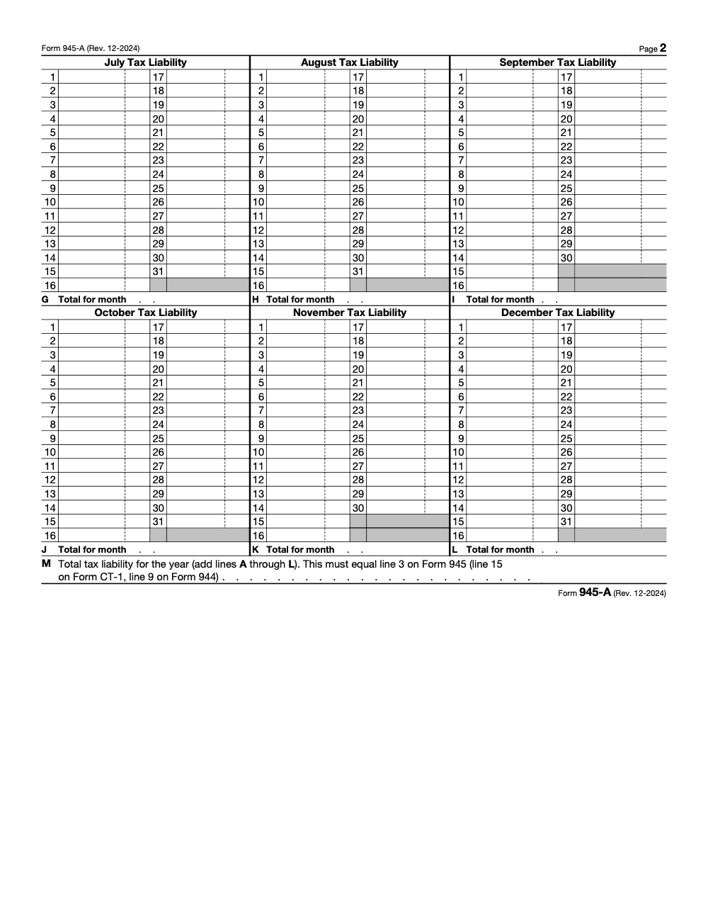Page 2 of 2 of the official IRS Form 945-A PDF (Rev. December 2024)