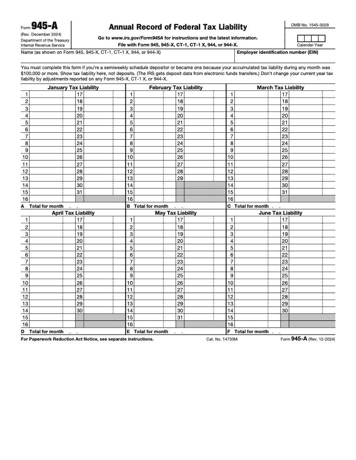 Page 1 of 2 of the official IRS Form 945-A PDF (Rev. December 2024)