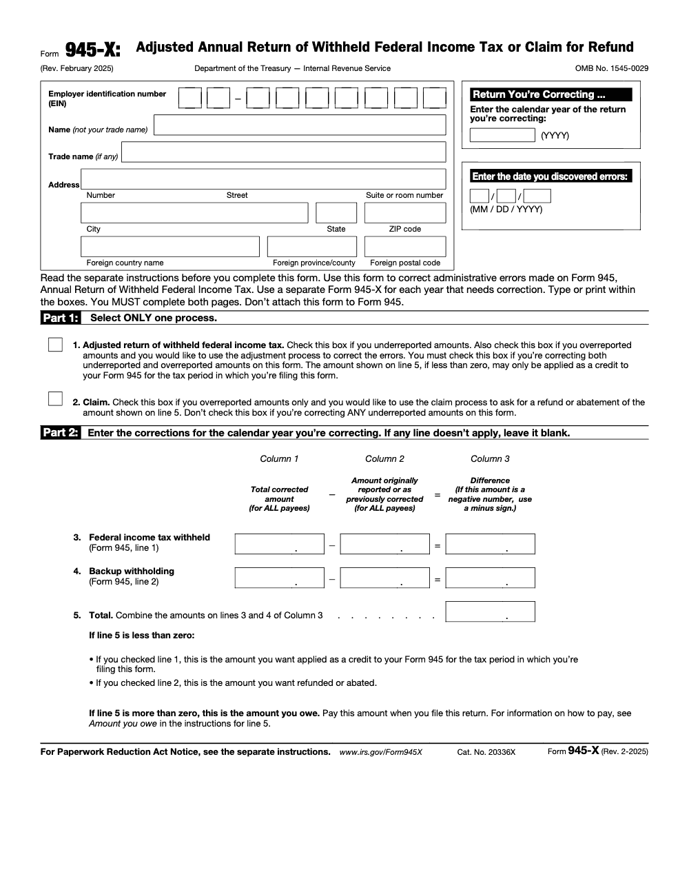 Page 1 of 2 of the official IRS Form 945-X Guide PDF (Rev. February 2025): Parts 1, 2