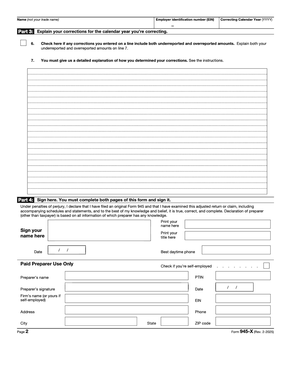 Page 2 of 2 of the official IRS Form 945-X Guide PDF (Rev. February 2025): Parts 3, 4