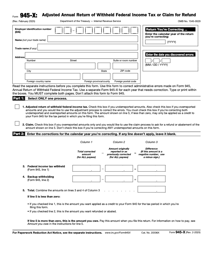 Page 1 of 2 of the official IRS Form 945-X Guide PDF (Rev. February 2025): Parts 1, 2