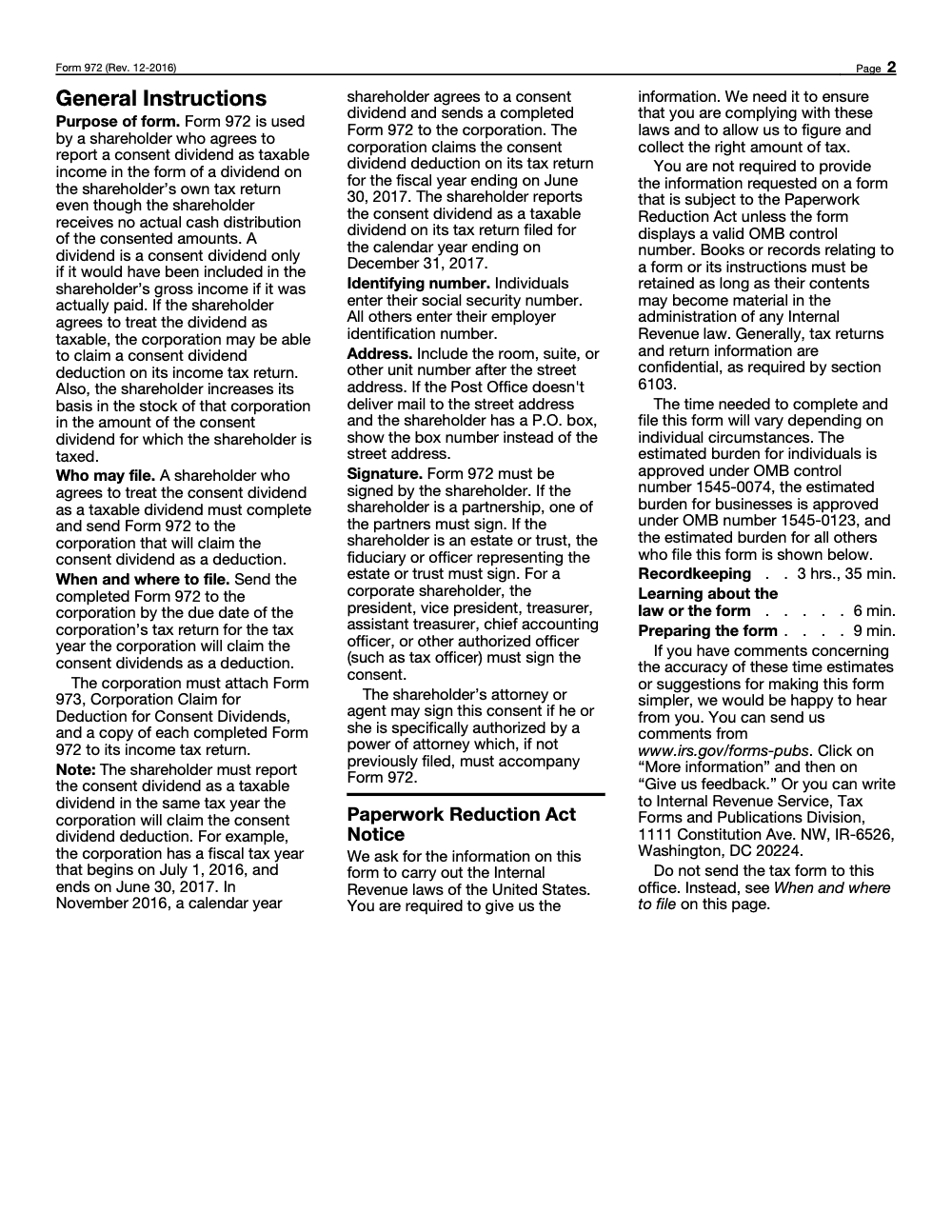 Page 2 of 2 of the official IRS Form 972 PDF (Rev. December 2016): instructions