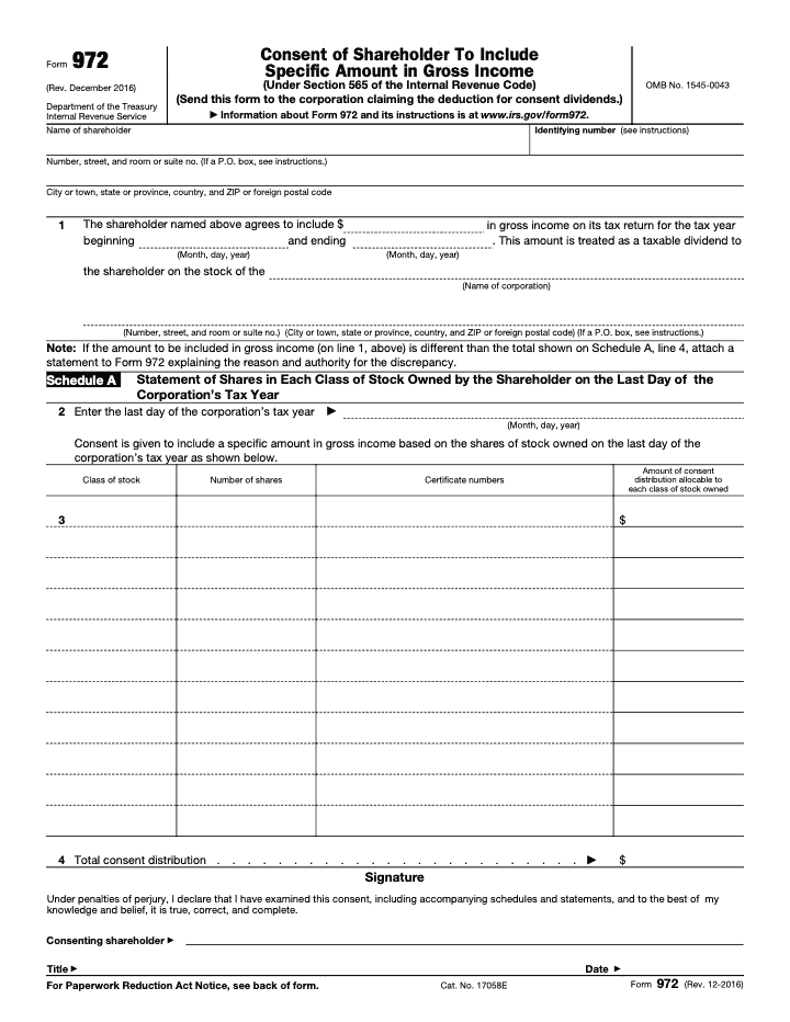 Page 1 of 2 of the official IRS Form 972 PDF (Rev. December 2016)