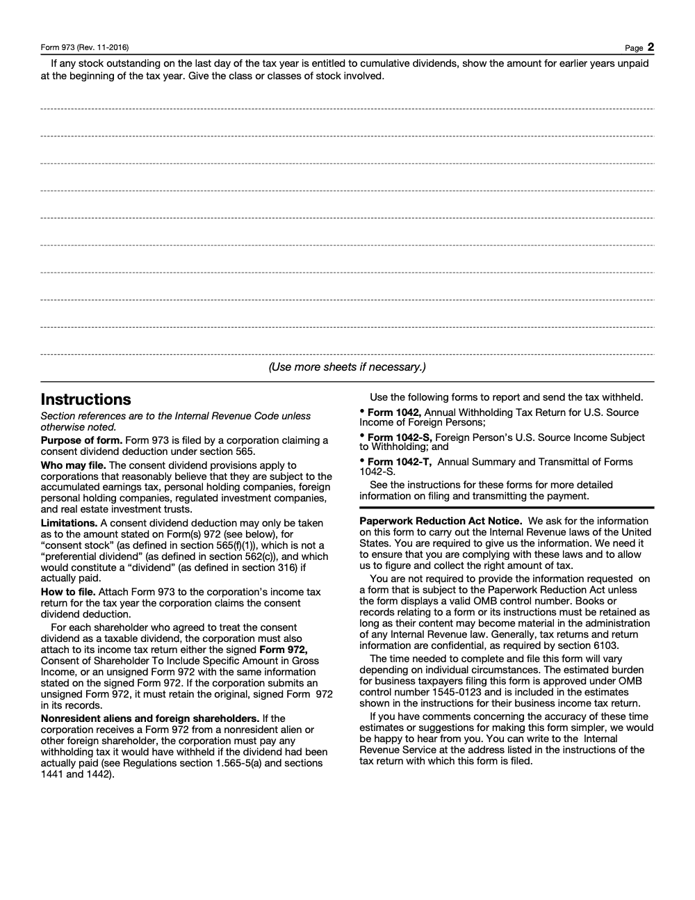 Page 2 of 2 of the official IRS Form 973 PDF (Rev. November 2016)