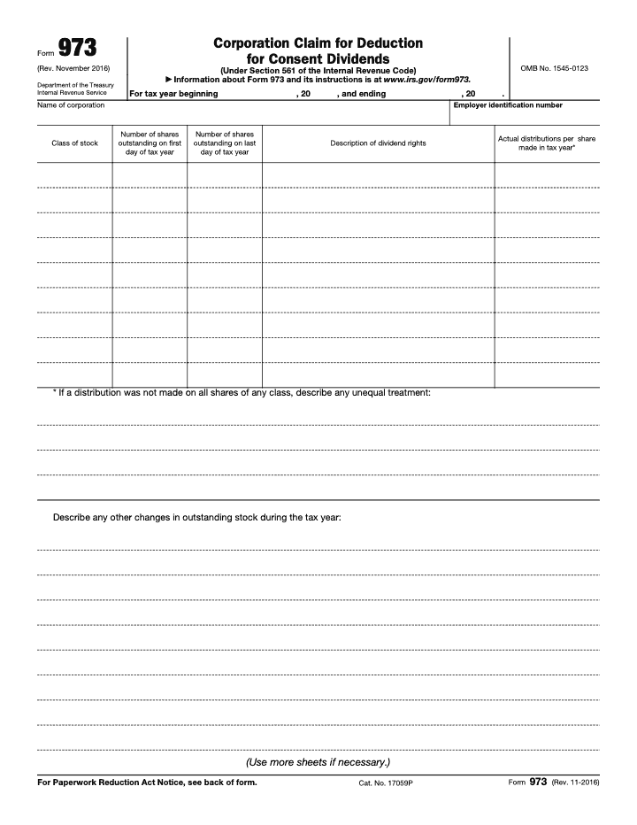 Page 1 of 2 of the official IRS Form 973 PDF (Rev. November 2016)