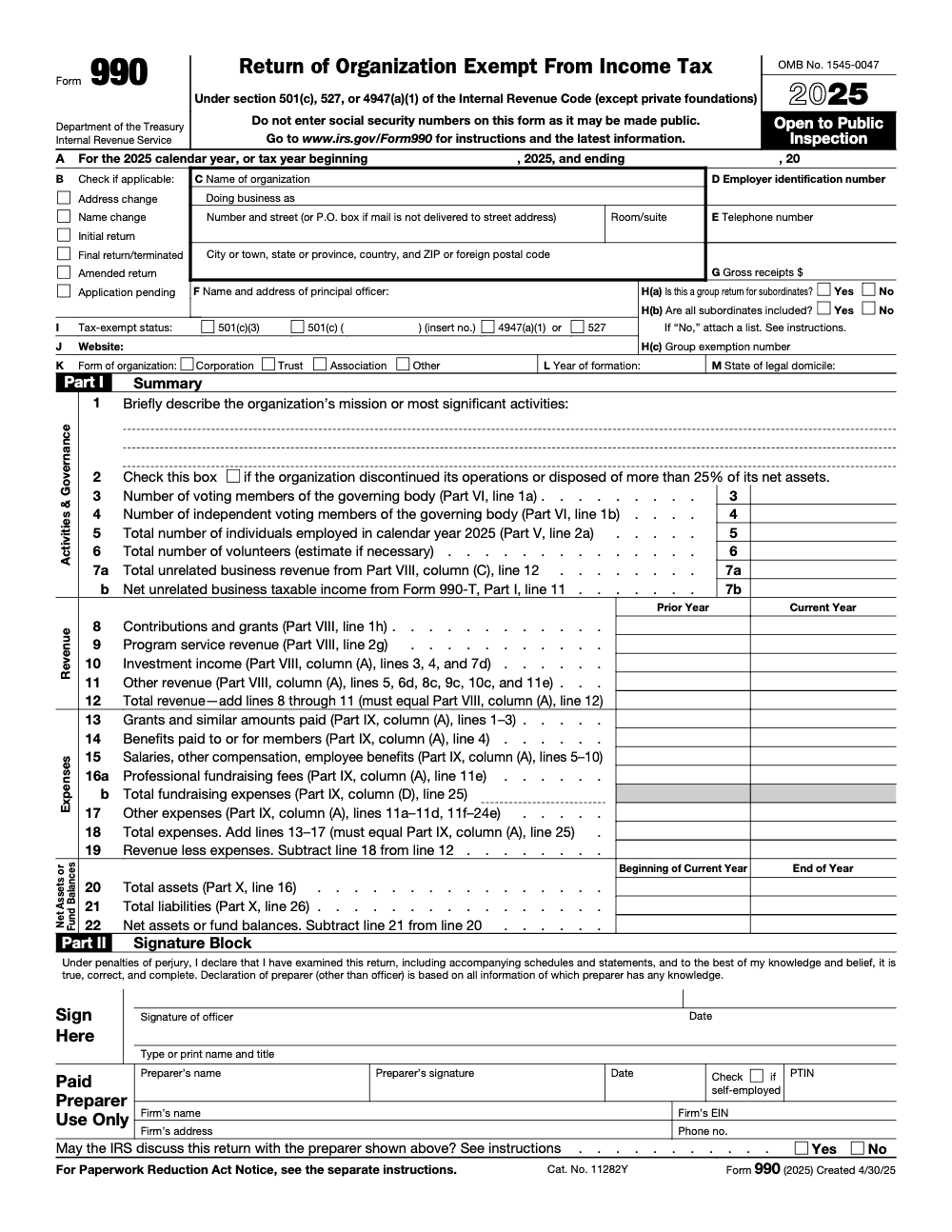 Page 1 of 12 of the official IRS Form 990 PDF (2025 edition): Parts I, VI, V, VIII