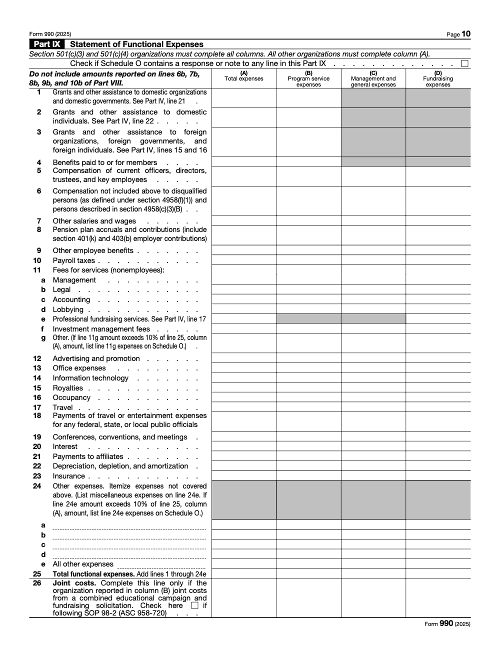 Page 10 of 12 of the official IRS Form 990 PDF (2025 edition): Parts IX, VIII, IV