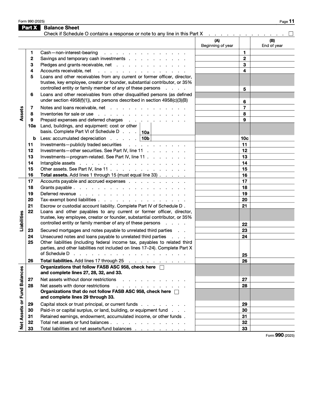 Page 11 of 12 of the official IRS Form 990 PDF (2025 edition): Parts X, VI, IV