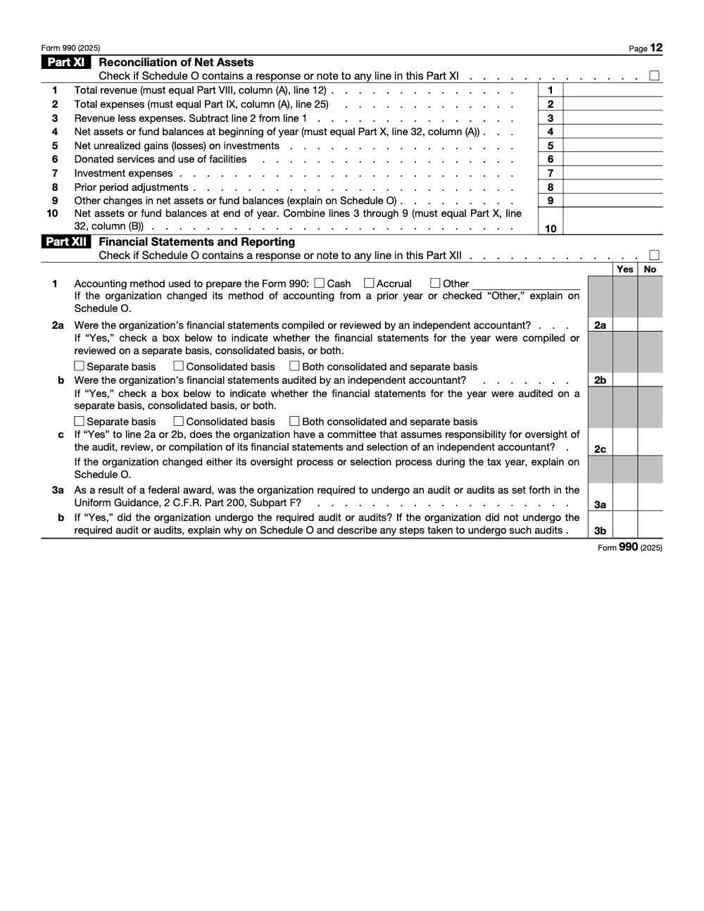 Page 12 of 12 of the official IRS Form 990 PDF (2025 edition): Parts XI, VIII, IX, X, XII