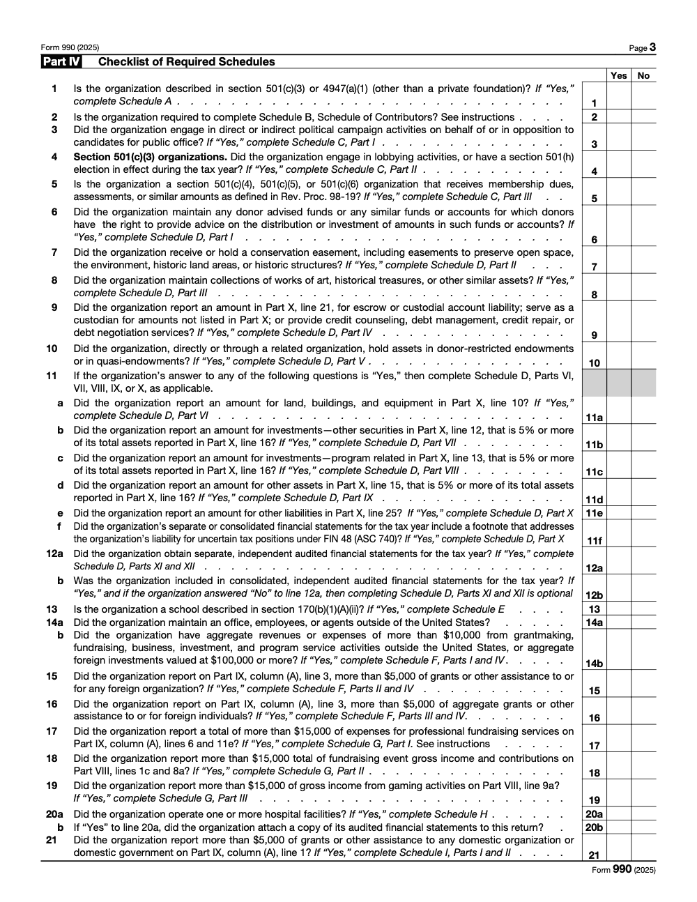 Page 3 of 12 of the official IRS Form 990 PDF (2025 edition): Parts IV, I, II, III, X, V