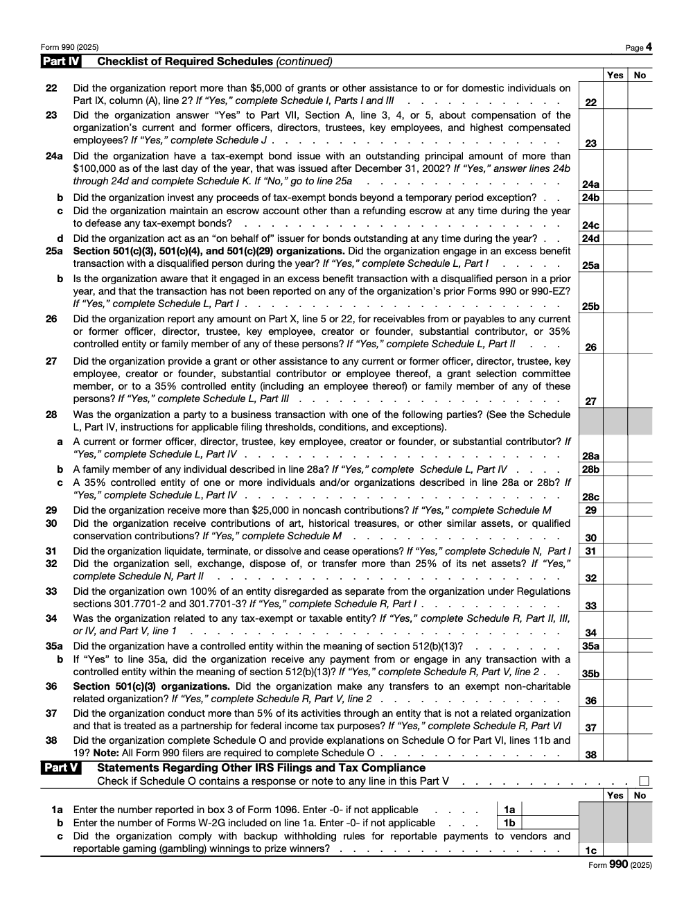 Page 4 of 12 of the official IRS Form 990 PDF (2025 edition): Parts IV, IX, VII, I, X, II