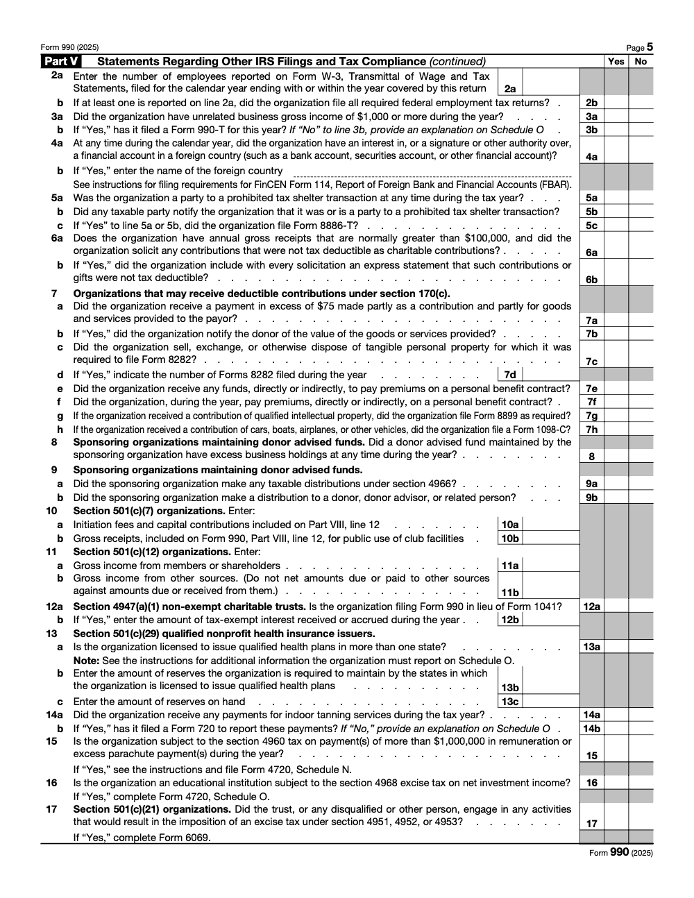 Page 5 of 12 of the official IRS Form 990 PDF (2025 edition): Part V