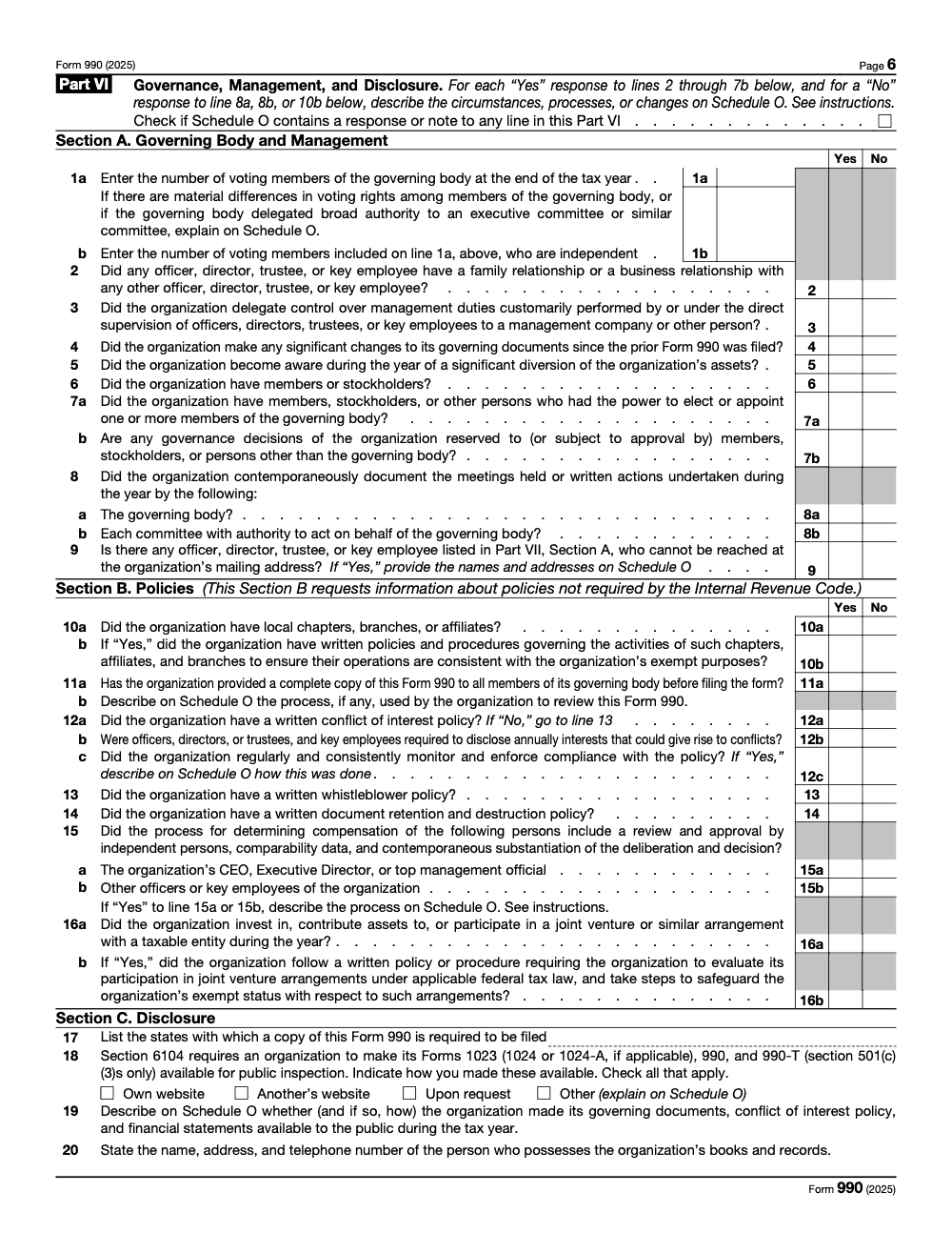 Page 6 of 12 of the official IRS Form 990 PDF (2025 edition): Parts VI, VII