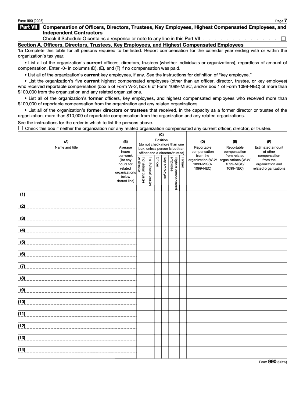 Page 7 of 12 of the official IRS Form 990 PDF (2025 edition): Part VII