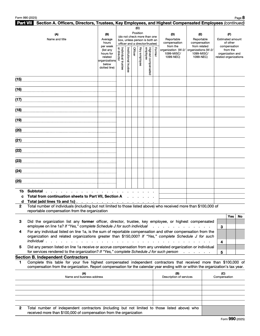Page 8 of 12 of the official IRS Form 990 PDF (2025 edition): Part VII