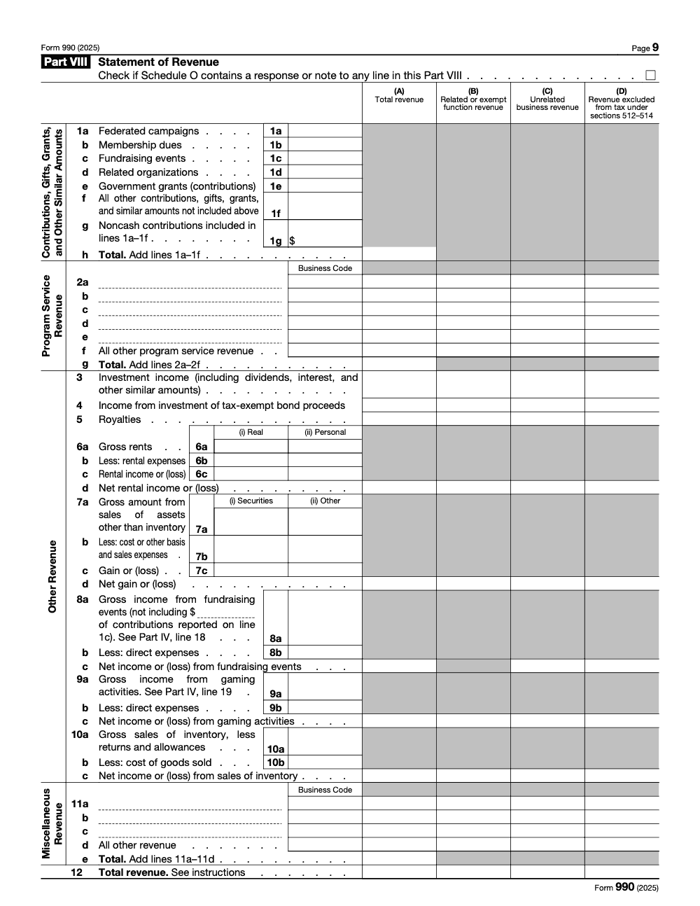 Page 9 of 12 of the official IRS Form 990 PDF (2025 edition): Parts VIII, IV